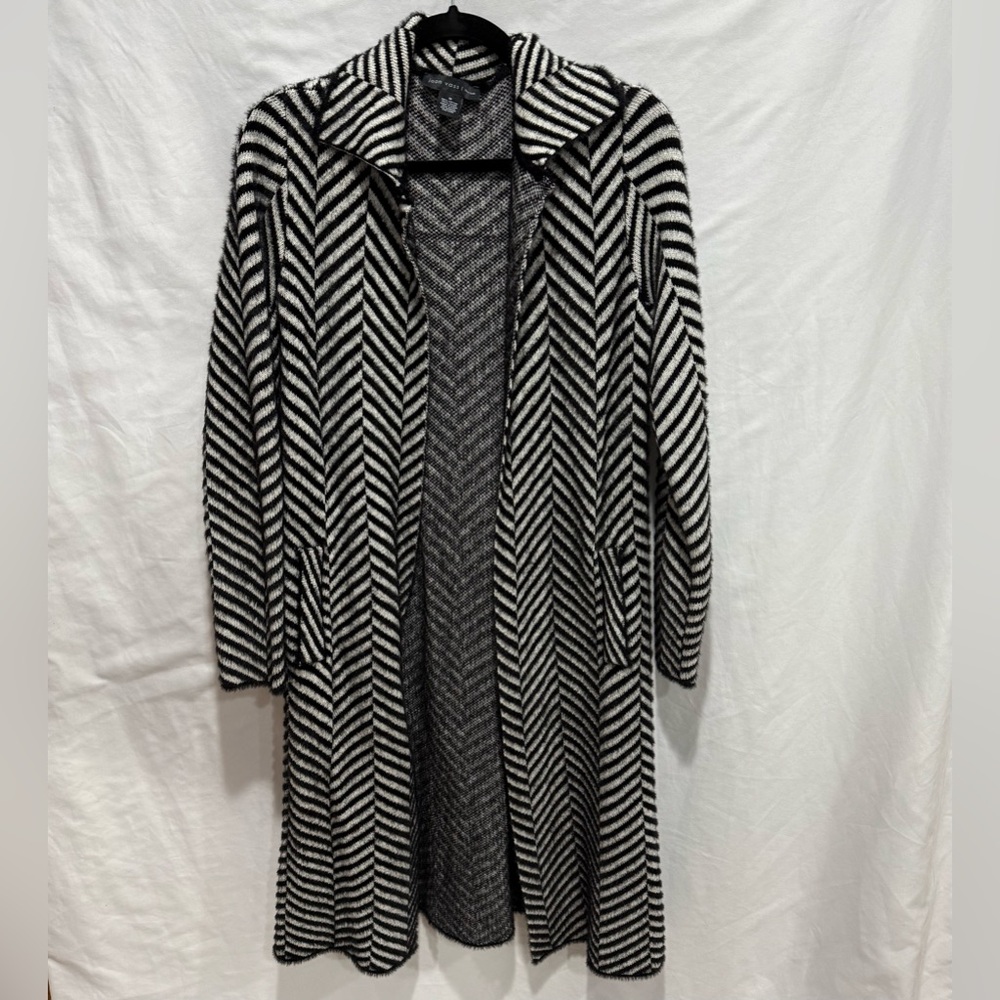 Joan Vass Long Chevron Striped Open Front Cardigan Coatigan‎ Sweater M Pockets